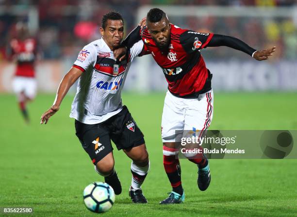 Rafael Vaz of Flamengo struggles for the ball with Walter of Atletico GO during a match between Flamengo and Atletico GO part of Brasileirao Series A...