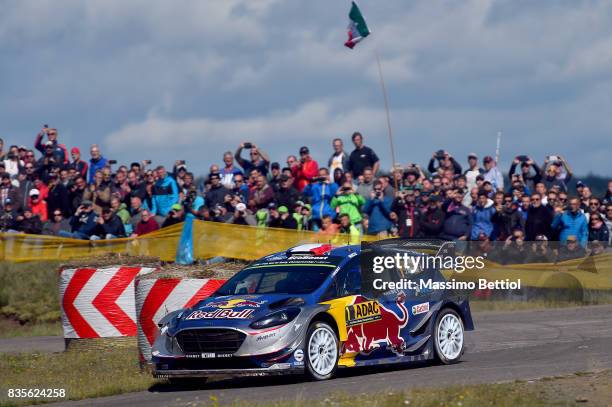 Sebastien Ogier of France and Julien Ingrassia of France compete in their M-Sport WRT Ford Fiesta WRC during Day Two of the WRC Germany on August 19,...