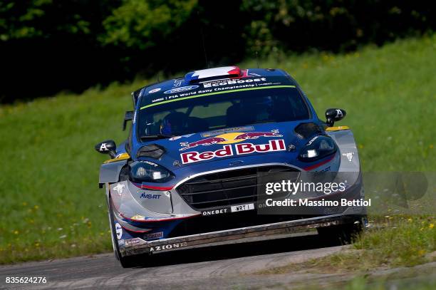 Sebastien Ogier of France and Julien Ingrassia of France compete in their M-Sport WRT Ford Fiesta WRC during Day Two of the WRC Germany on August 19,...