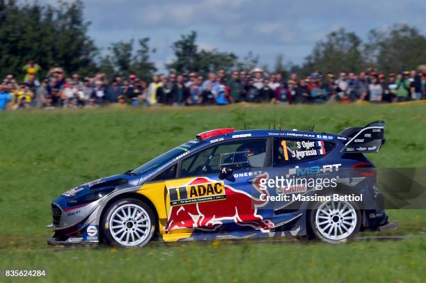 Sebastien Ogier of France and Julien Ingrassia of France compete in their M-Sport WRT Ford Fiesta WRC during Day Two of the WRC Germany on August 19,...