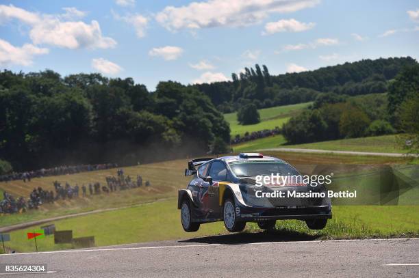 Sebastien Ogier of France and Julien Ingrassia of France compete in their M-Sport WRT Ford Fiesta WRC during Day Two of the WRC Germany on August 19,...