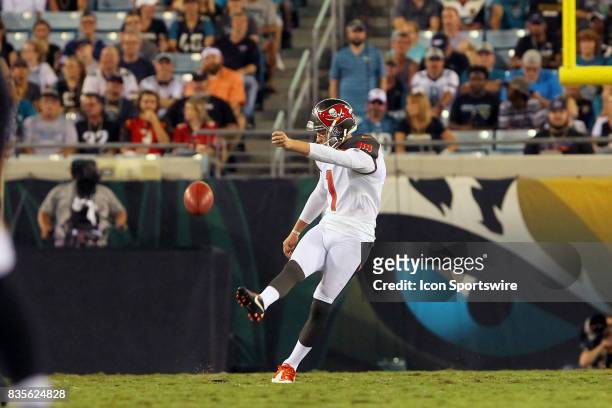 Newly signed kicker Zach Hocker of the Buccaneers kicks off during the NFL Preseason game between the Buccaneers at Jaguars on AUG 17, 2017 at...
