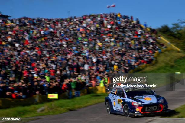 Hayden Paddon of New Zealand and Sebastian Marshall of Great Britain compete in their Hyundai Motorsport WRT Hyundai i20 Coupè WRC during Day Two of...