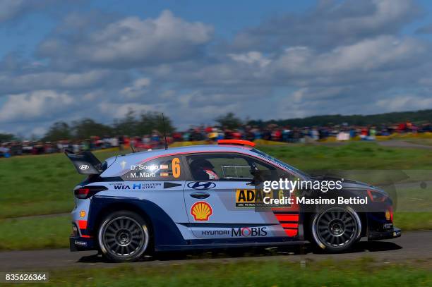 Daniel Sordo of Spain and Marc Marti of Spain compete in their Hyundai Motorsport WRT Hyundai i20 Coupè WRC during Day Two of the WRC Germany on...