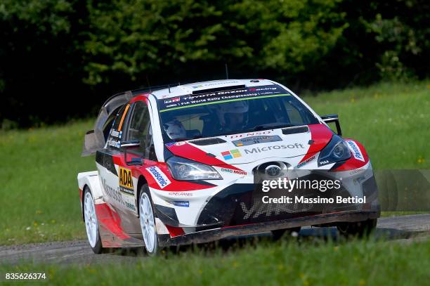 Juho Hanninen of Finland and Kaj Lindstrom of Finland compete in their Toyota Gazoo Racing WRT Toyota Yaris WRC during Day Two of the WRC Germany on...