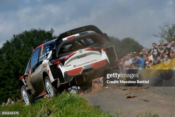 Juho Hanninen of Finland and Kaj Lindstrom of Finland compete in their Toyota Gazoo Racing WRT Toyota Yaris WRC during Day Two of the WRC Germany on...