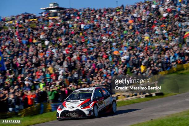 Juho Hanninen of Finland and Kaj Lindstrom of Finland compete in their Toyota Gazoo Racing WRT Toyota Yaris WRC during Day Two of the WRC Germany on...