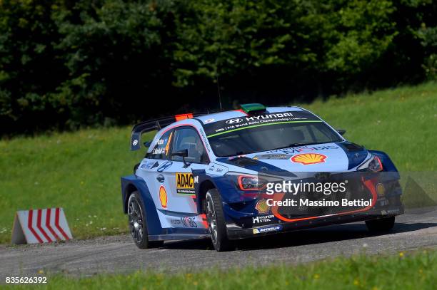 Hayden Paddon of New Zealand and Sebastian Marshall of Great Britain compete in their Hyundai Motorsport WRT Hyundai i20 Coupè WRC during Day Two of...