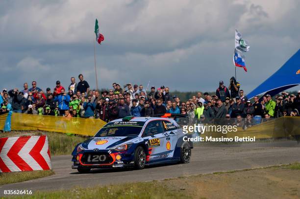 Hayden Paddon of New Zealand and Sebastian Marshall of Great Britain compete in their Hyundai Motorsport WRT Hyundai i20 Coupè WRC during Day Two of...