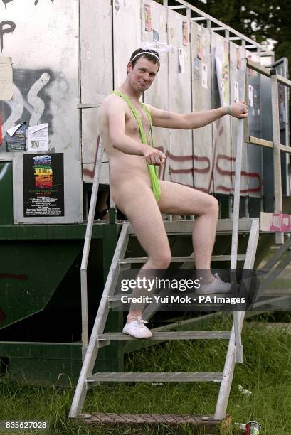 Festival goer wears a mankini at the 2009 Glastonbury Festival taking place at Worthy Farm in Somerset.