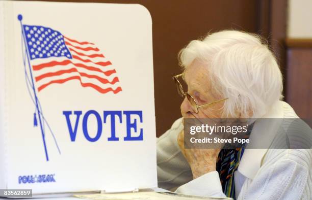 Greene County resident, Frances Schmidt votes at the Catholic church on Election Day on November 4, 2008 in Grand Junction, Iowa. After nearly two...