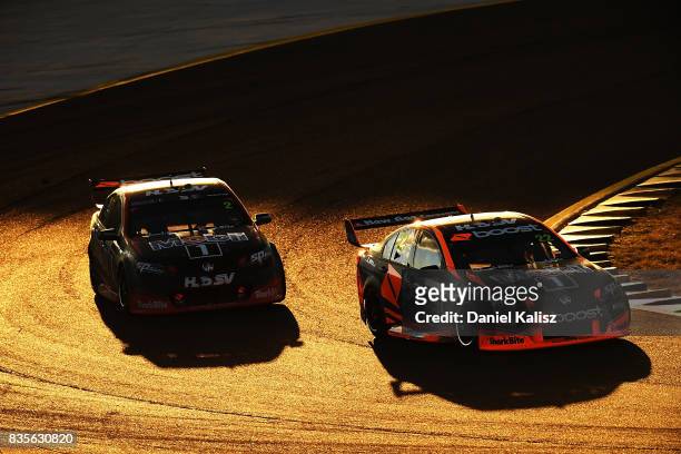 James Courtney drives the Mobil 1 HSV Racing Holden Commodore VF and Scott Pye drives the Mobil 1 HSV Racing Holden Commodore VF are pictured during...