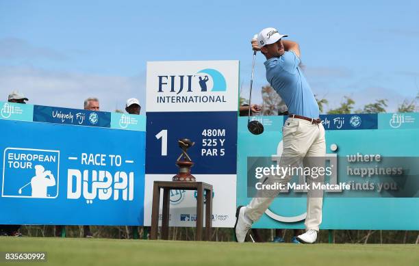 Wade Ormsby of Australia hits his tee shot on the 1st hole during day four of the 2017 Fiji International at Natadola Bay Championship Golf Course on...