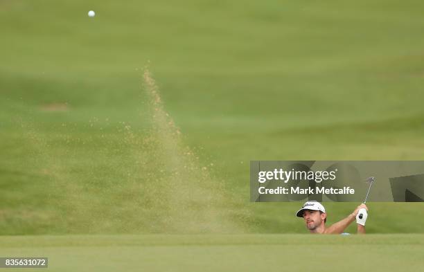 Wade Ormsby of Australia hits a bunker shot on the 1st hole during day four of the 2017 Fiji International at Natadola Bay Championship Golf Course...