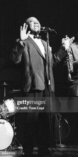 Jazz trumpeter Louis Armstrong performs at the University of Michigan on September 2, 1967 in Ann Arbor, Michigan.