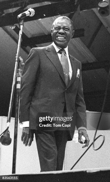 Jazz trumpeter Louis Armstrong performs at the Newport Jazz Festival On July 10, 1970 at Festival Field in Newport, Rhode Island.