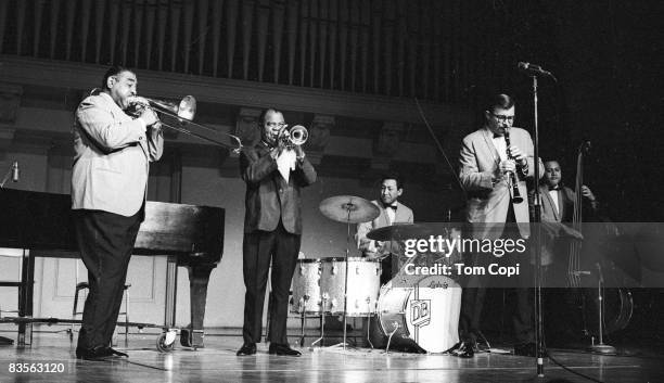 Jazz trumpeter Louis Armstrong performs at the University of Michigan on September 2, 1967 in Ann Arbor, Michigan.