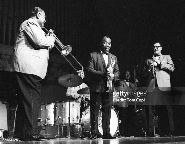 Jazz trumpeter Louis Armstrong performs at the University of Michigan on September 2, 1967 in Ann Arbor, Michigan.