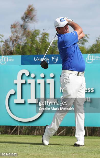 Scott Hend of Australia hits his tee shot on the 1st hole during day four of the 2017 Fiji International at Natadola Bay Championship Golf Course on...