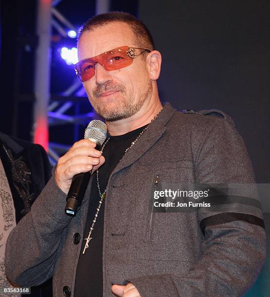 Bono of U2 on stage at the Music Industry Trusts' Awards held at the Grosvenor House Hotel, Park Lane on November 3, 2008 in London, England.