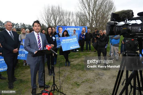 Simon Bridges, the Minister or Transport, speaks to media and supporters after New Zealand Prime Minister Bill English announces 10 new roads of...
