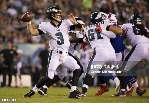 Matt McGloin of the Philadelphia Eagles passes the ball against the Buffalo Bills in the preseason game at Lincoln Financial Field on August 17, 2017...