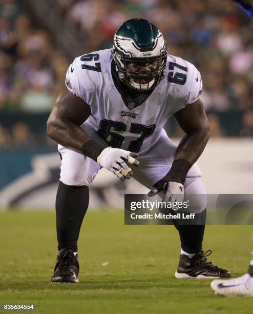 Chance Warmack of the Philadelphia Eagles plays against the Buffalo Bills in the preseason game at Lincoln Financial Field on August 17, 2017 in...