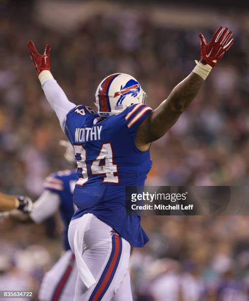 Jerel Worthy of the Buffalo Bills reacts against the Philadelphia Eagles in the preseason game at Lincoln Financial Field on August 17, 2017 in...