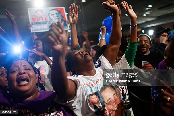 Sen. Barack Obama supporters celebrate as his win of the presidential election is announced November 4, 2008 in Birmingham, Alabama. Birmingham,...