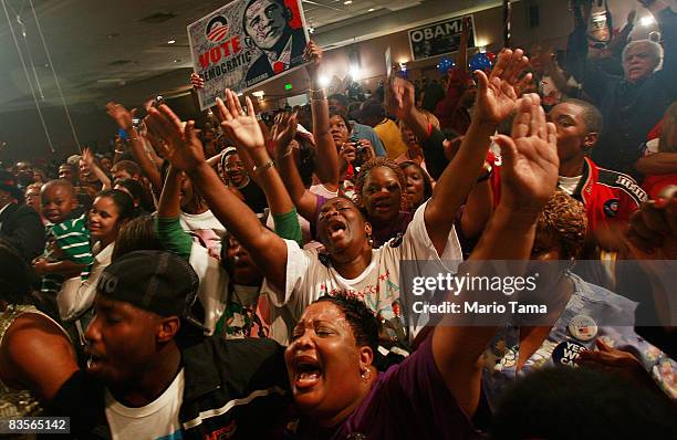 Sen. Barack Obama supporters celebrate as his win of the presidential election is announced November 4, 2008 in Birmingham, Alabama. Birmingham,...