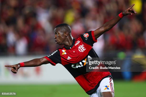 Vinicius Junior of Flamengo celebrates a scored goal during a match between Flamengo and Atletico GO part of Brasileirao Series A 2017 at Ilha do...