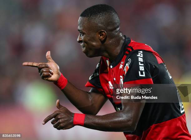 Vinicius Junior and Diego of Flamengo celebrate a scored goal during a match between Flamengo and Atletico GO part of Brasileirao Series A 2017 at...
