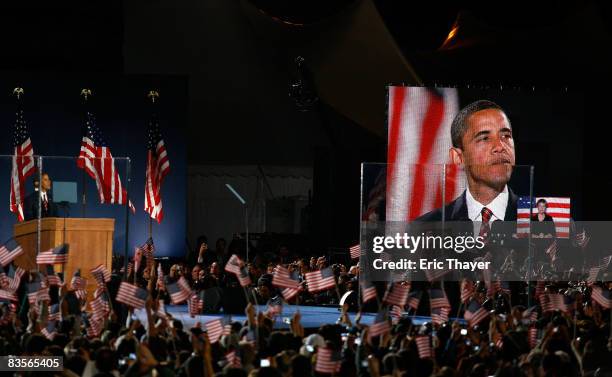 President elect Barack Obama gives his victory speech to supporters during an election night gathering in Grant Park on November 4, 2008 in Chicago,...