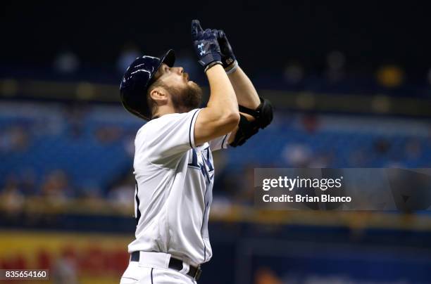 Steven Souza Jr. #20 of the Tampa Bay Rays celebrates as he crosses him plate after hitting a home run off of pitcher Ariel Miranda of the Seattle...