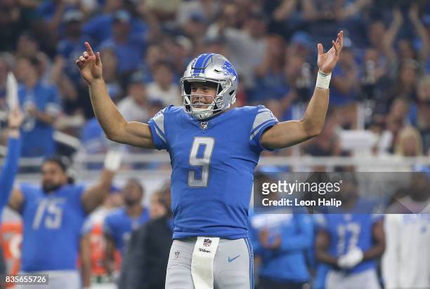 Matthew Stafford of the Detroit Lions celebrates a second quarter touchdown during the preseason game against the New York Jets on August 19, 2017 at...