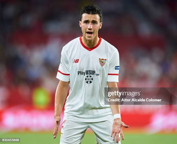 Sebastien Corchia of Sevilla FC reacts during the La Liga match between Sevilla and Espanyol at Estadio Ramon Sanchez Pizjuan on August 19, 2017 in...