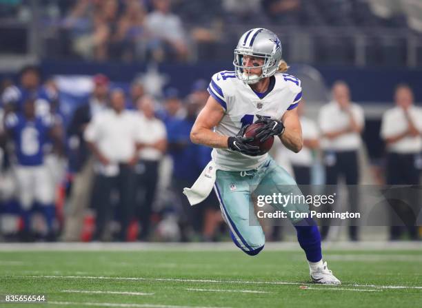 Cole Beasley of the Dallas Cowboys carries the ball against the Indianapolis Colts in the first half of a preseason game at AT&T Stadium on August...