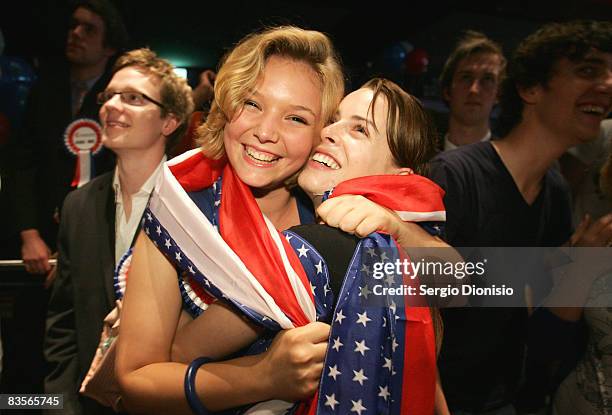 Young American students embrace as they celebrate the election of US President-elect Barack Obama at the Election Day Spectacular at the Manning Bar...