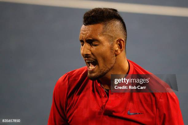 Nick Kyrgios of Australia reacts to a shot against David Ferrer of Spain during Day 8 of the Western and Southern Open at the Linder Family Tennis...