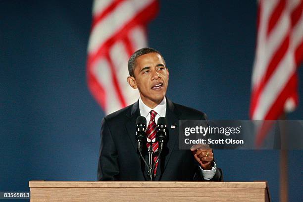 President elect Barack Obama gives his victory speech to supporters during an election night gathering in Grant Park on November 4, 2008 in Chicago,...