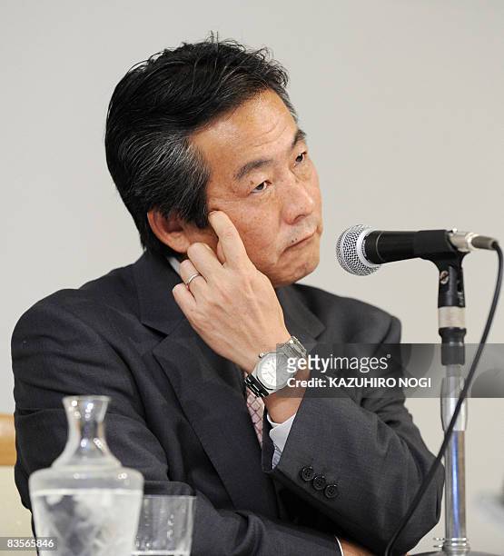 Japan's Sanyo Electric Co. President Seiichiro Sano holds a press conference to announce the company's financial results at a hotel in Osaka on...
