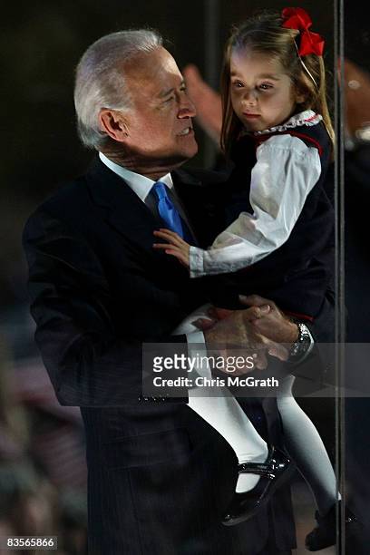 Vice-President elect Joe Biden holds his granddaughter Natalie during an election night gathering in Grant Park on November 4, 2008 in Chicago,...