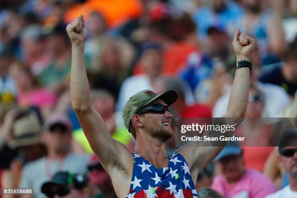 Fans watch the action during the Monster Energy NASCAR Cup Series Bass Pro Shops NRA Night Race at Bristol Motor Speedway on August 19, 2017 in...