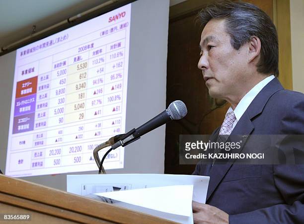 Japan's Sanyo Electric Co. President Seiichiro Sano addresses a press conference to announce the company's financial results at a hotel in Osaka on...