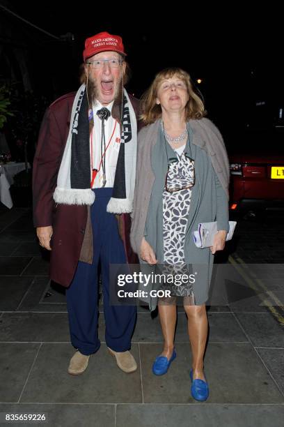 John McCririck and wife Jenny leaving Scott's restaurant on August 19, 2017 in London, England.