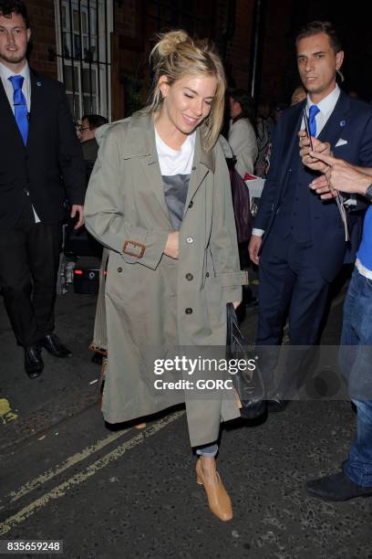 Sienna Miller leaving the Apollo theatre on August 19, 2017 in London, England.