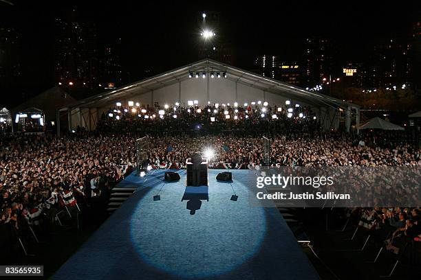 President elect Barack Obama gives his victory speech to supporters during an election night gathering in Grant Park on November 4, 2008 in Chicago,...