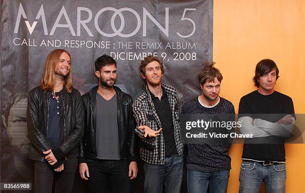 Maroon 5 band members Musician James Valentine, Lead vocalist Adam Levine, Jesse Carmichael, Michael Madden and Matt Flynn attends a press conference...