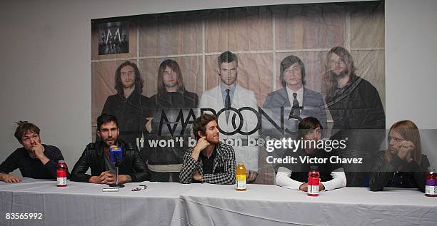 Maroon 5 band members Michael Madden,Adam Levine,Jesse Carmichael,Matt Flynn and James Valentine attends a press conference to promote their new...