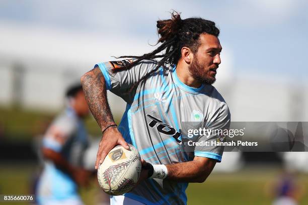 Rene Ranger of Northland warms up ahead of the round one Mite 10 Cup match between Northland and Bay of Plenty at Toll Stadium on August 20, 2017 in...